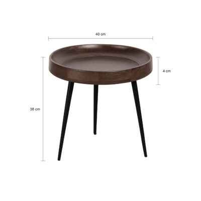 Compacte ronde bijzettafel mangohout met opstaande rand