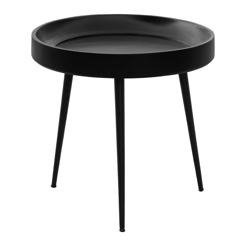 Zwarte ronde bijzettafel met verhoogde rand en drie poten