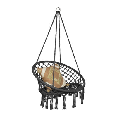 hangstoel donkergrijs, donkergrijze hangstoel, hangstoel, hangstoel buiten, hangstoel macramé stijl,