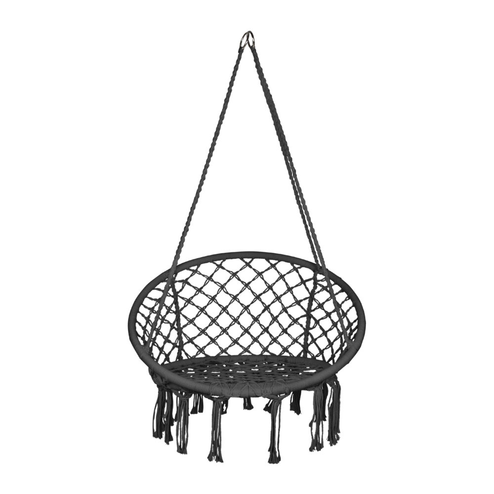 hangstoel donkergrijs, donkergrijze hangstoel, hangstoel, hangstoel buiten, hangstoel macramé stijl,