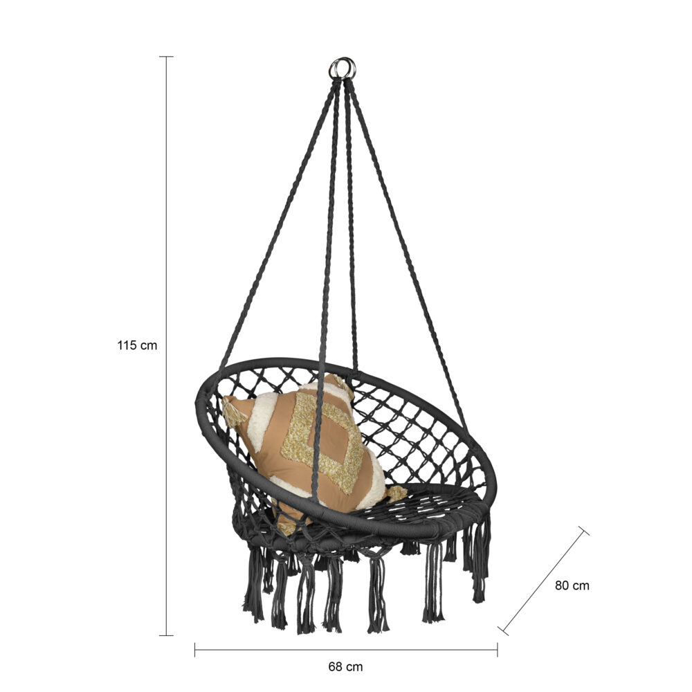 hangstoel donkergrijs, donkergrijze hangstoel, hangstoel, hangstoel buiten, hangstoel macramé stijl,