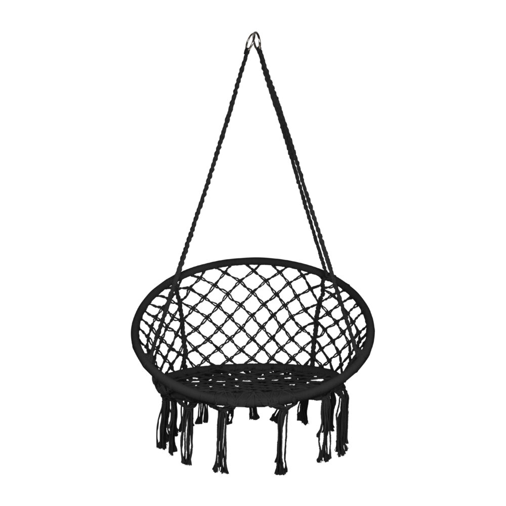 zwarte hangstoel, hangstoel, hangstoel buiten, hangstoel macramé stijl, hangstoel zwart