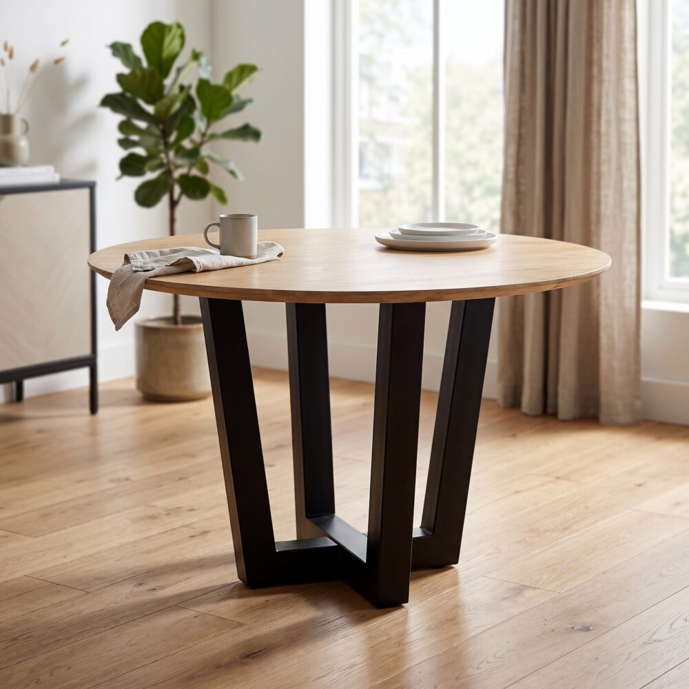 Ronde houten eettafel met zwart geometrisch onderstel in een lichte moderne eetkamer