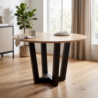 Ronde houten eettafel met zwart geometrisch onderstel in een lichte moderne eetkamer