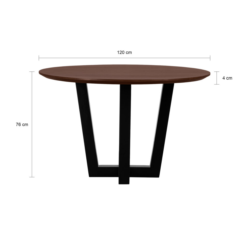 bruine ronde eettafel van 120 cm, ronde tafel, eettafel Sofia, bruine ronde eettafel, eettafel rond, W poot, mangohouten eettafel,