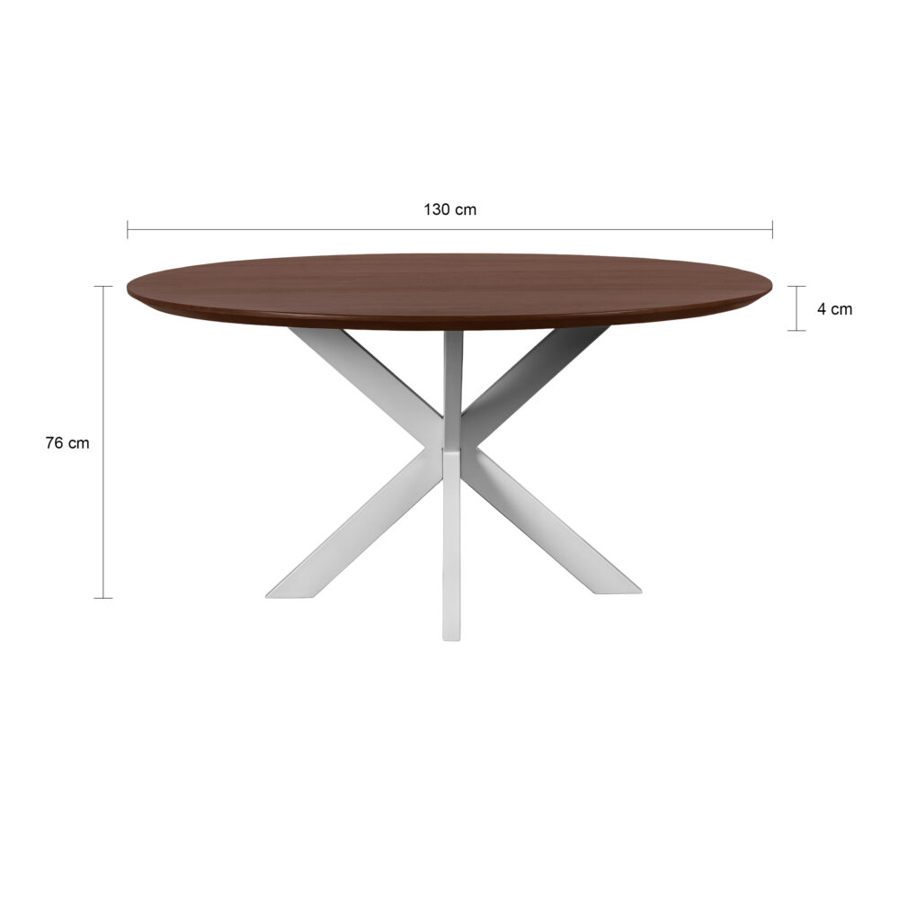 Ronde eettafel Sofia, ronde eettafel, bruine eettafel, ronde eettafel van 130 cm, eettafel rond, witte kruispoot, tafel,