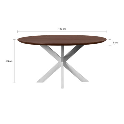 Ronde eettafel Sofia, ronde eettafel, bruine eettafel, ronde eettafel van 130 cm, eettafel rond, witte kruispoot, tafel,