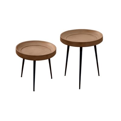 ronde tafels van Luus, twee ronde tafels, salontafel set Luus, mangohouten salontafels, twee tafels