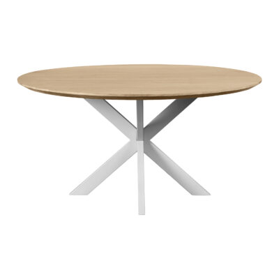 ronde eettafel van 150 cm, witte kruispoot, ronde eettafel, eettafel mangohout, eettafel rond, ronde eettafel 150 cm, eettafel naturel,