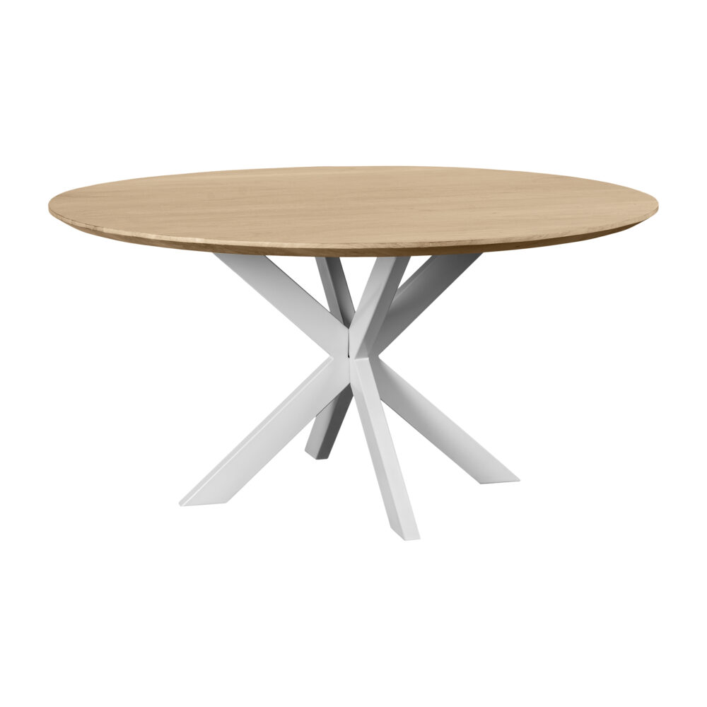 ronde eettafel van 150 cm, witte kruispoot, ronde eettafel, eettafel mangohout, eettafel rond, ronde eettafel 150 cm, eettafel naturel,