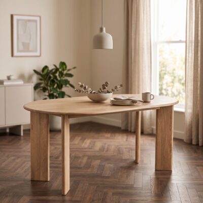 Donkerbruine ovale eettafel met vier brede poten in een warme moderne eetkamer met vaas, servies en hanglamp