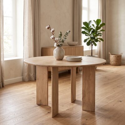Licht houten ronde eettafel met vier brede poten in een warme natuurlijke eetkamer met vaas en servies