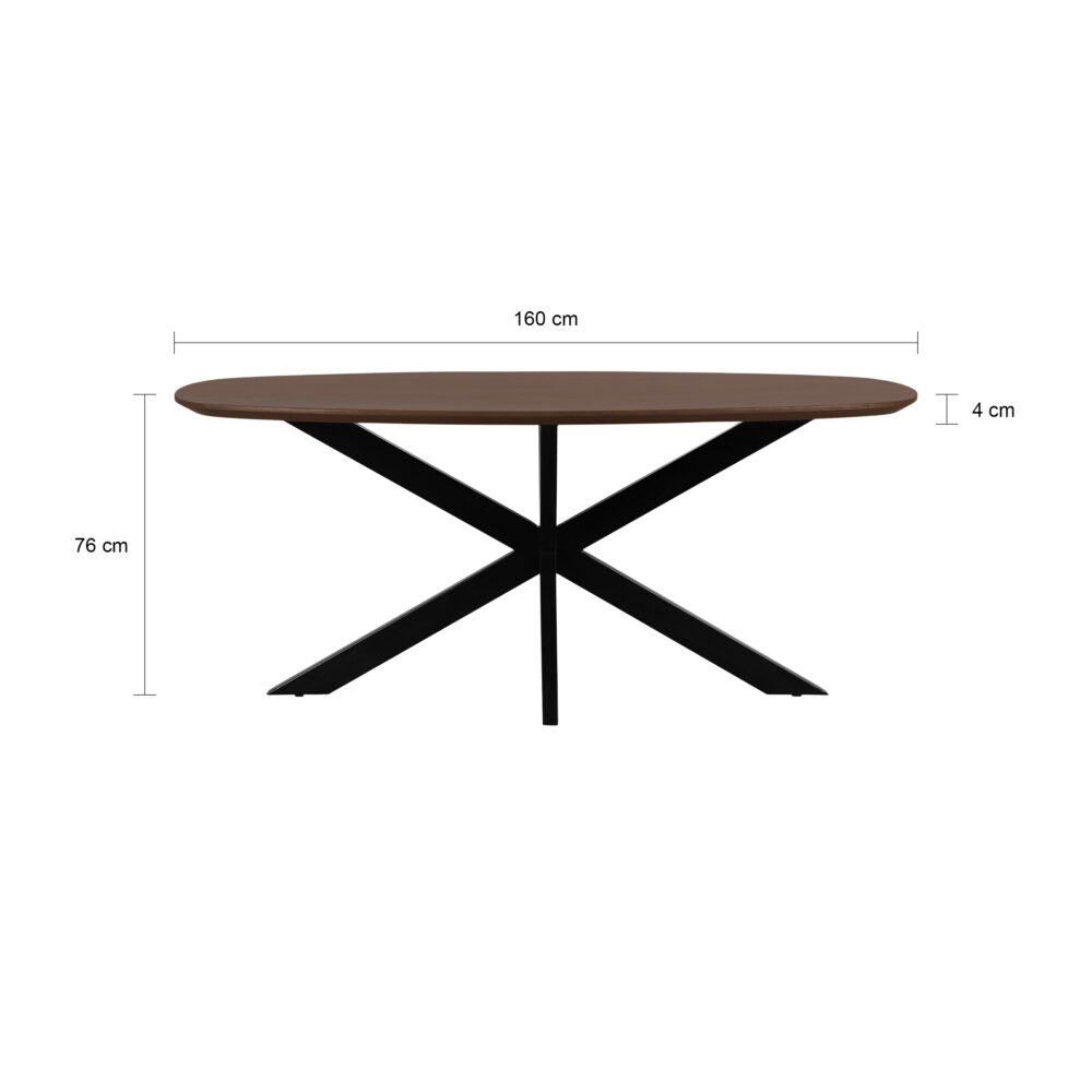 eettafel Sofia, bruine eettafel, Deens ovale tafelblad, Bruine eettafel, eettafel 160x90, mangohouten eettafel, tafel,