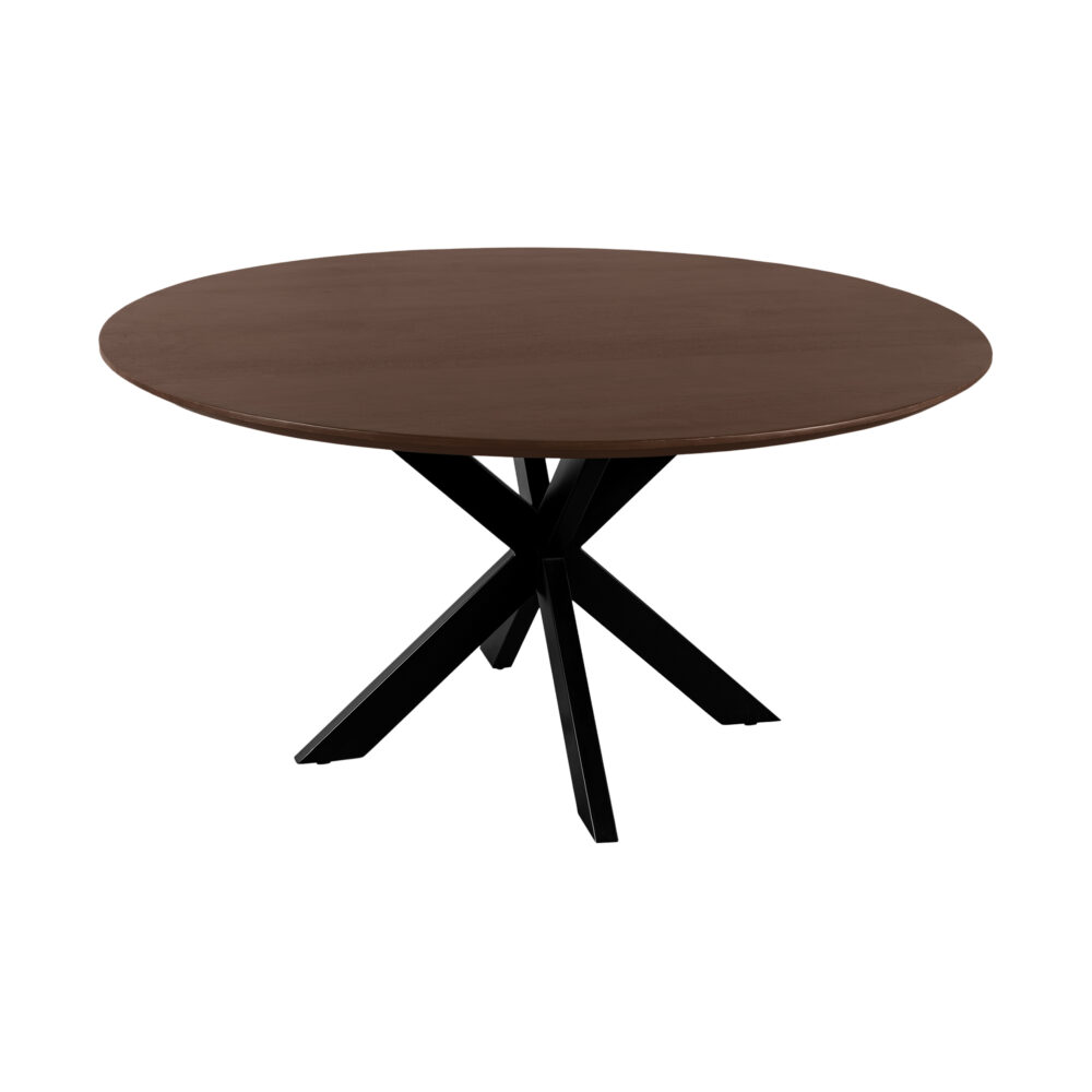 ronde mangohouten eettafel, ronde eettafel, tafel, ronde eettafel 150 cm, eettafel bruin, ronde tafel, eettafel met kruispoot, mangohouten eettafel,