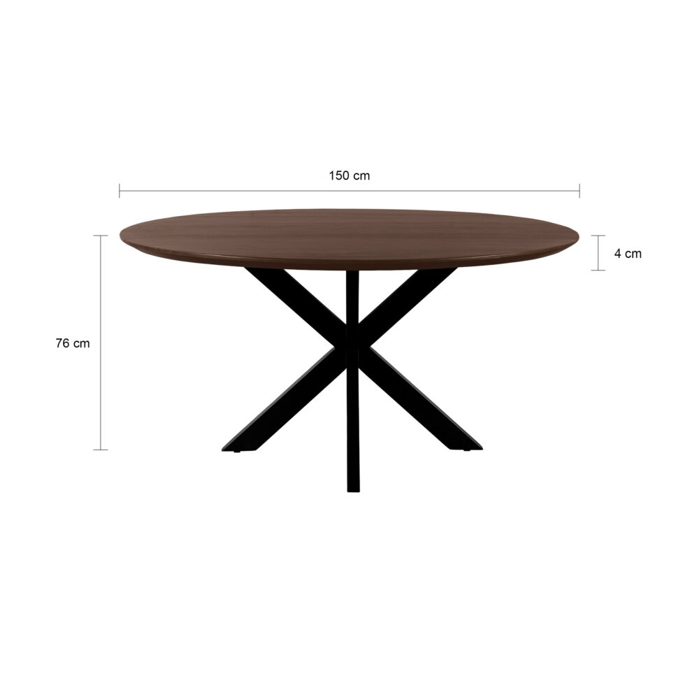ronde mangohouten eettafel, ronde eettafel, tafel, ronde eettafel 150 cm, eettafel bruin, ronde tafel, eettafel met kruispoot, mangohouten eettafel,