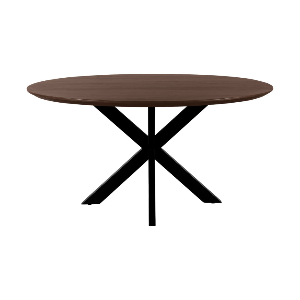 ronde mangohouten eettafel, ronde eettafel, tafel, ronde eettafel 150 cm, eettafel bruin, ronde tafel, eettafel met kruispoot, mangohouten eettafel,