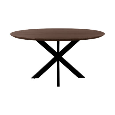 ronde mangohouten eettafel, ronde eettafel, tafel, ronde eettafel 150 cm, eettafel bruin, ronde tafel, eettafel met kruispoot, mangohouten eettafel,
