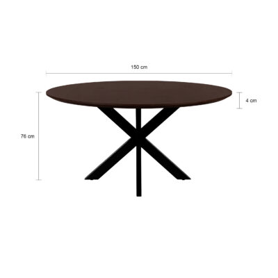 rond tafelblad, eettafel Sofia, eettafel, ronde eettafel van 150 cm, zwarte X poot, Ronde eettafel, tafel, mangohouten eettafel,