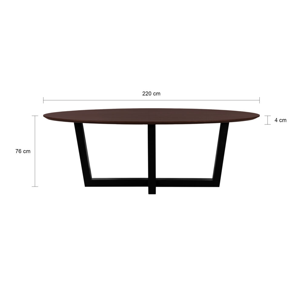 zwarte W-poot, walnoot bruin mangohout, eettafel, ovaal blad van 220x100 cm, ovale eettafel van 220x100 cm, tafel, ovale eettafel, mangohouten eettafel,