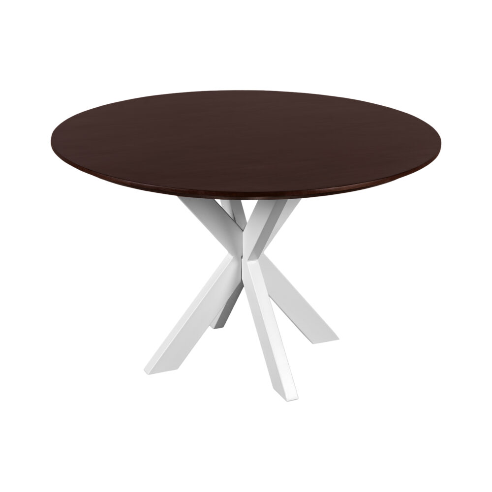 walnoot bruin mangohout, eettafel Sofia, Ronde eettafel, tafel, Witte kruispoot, ronde eettafel van 120 cm, eettafel, witte X poot, mangohouten eettafel,