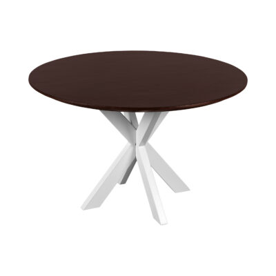 walnoot bruin mangohout, eettafel Sofia, Ronde eettafel, tafel, Witte kruispoot, ronde eettafel van 120 cm, eettafel, witte X poot, mangohouten eettafel,