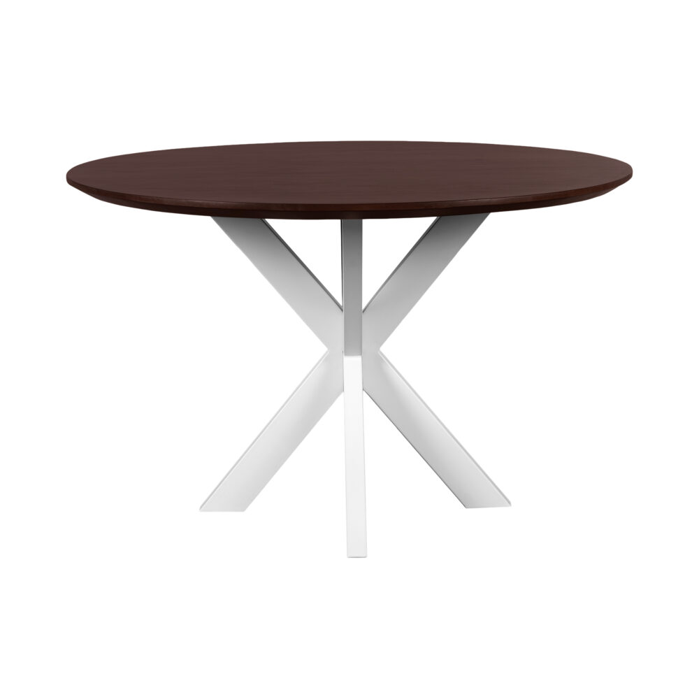 walnoot bruin mangohout, eettafel Sofia, Ronde eettafel, tafel, Witte kruispoot, ronde eettafel van 120 cm, eettafel, witte X poot, mangohouten eettafel,