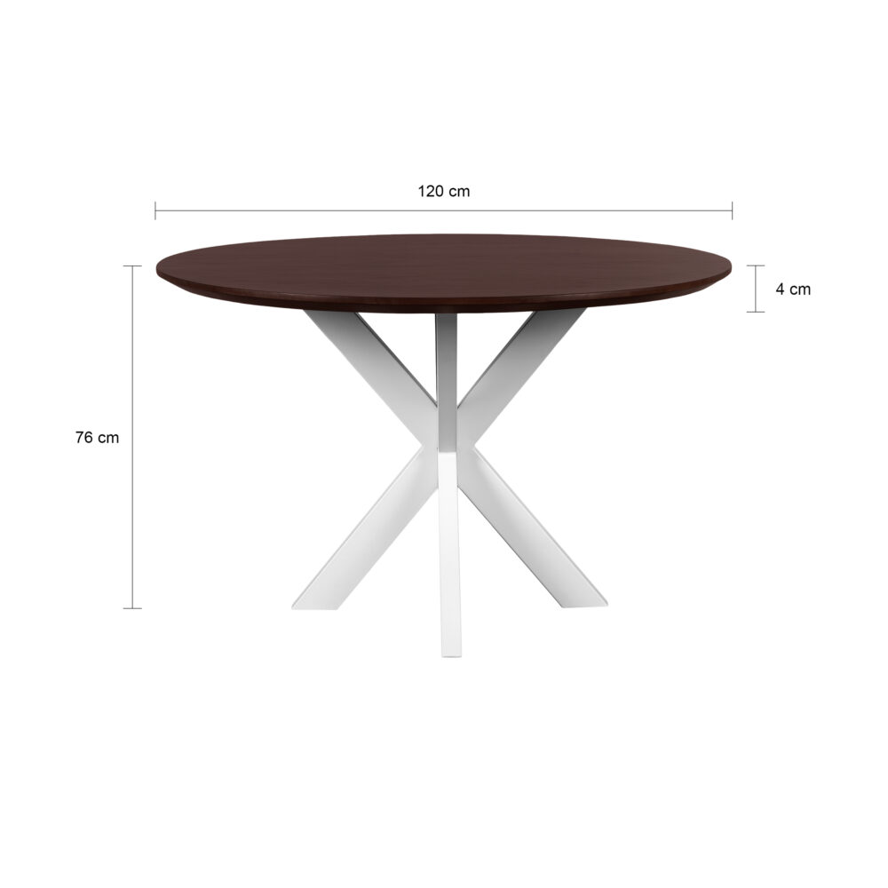 walnoot bruin mangohout, eettafel Sofia, Ronde eettafel, tafel, Witte kruispoot, ronde eettafel van 120 cm, eettafel, witte X poot, mangohouten eettafel,