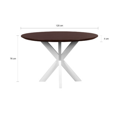 walnoot bruin mangohout, eettafel Sofia, Ronde eettafel, tafel, Witte kruispoot, ronde eettafel van 120 cm, eettafel, witte X poot, mangohouten eettafel,
