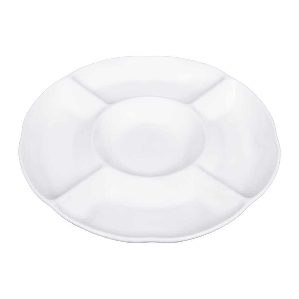 witte keramieken bord, tapasbord, tapasbord met vakken, ronde hapjesbord, wit keramiek, bord