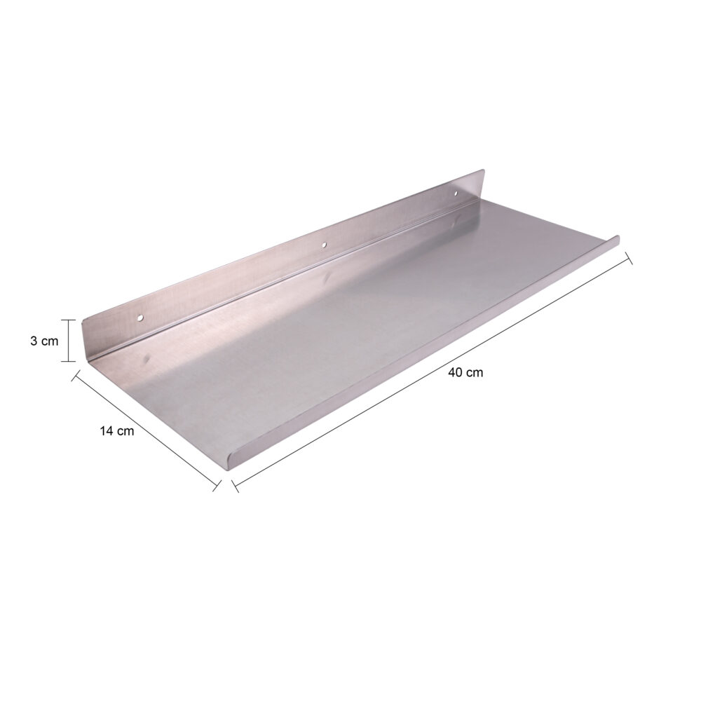 zilveren muurplank, zwevende muurplank, zilver, wandplank, 40x14x5 cm, wandrekje, metalen wandplank, muurplank, wandplankje, plank, zwevende opbergplek.,