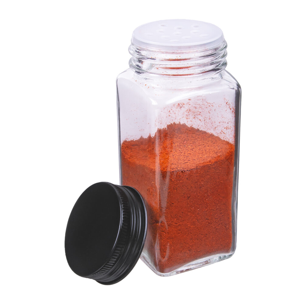set van 12 kruidenpotjes, Twaalf potjes, Vierkante kruidenpotjes, glazen kruidenpotjes, kruidenpotjes set van 12, kruidenpotjes, potje, vierkante kruidenpotjes, zwarte aluminium deksel,