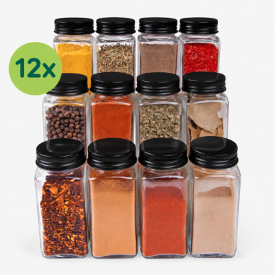 set van 12 kruidenpotjes, Twaalf potjes, Vierkante kruidenpotjes, glazen kruidenpotjes, kruidenpotjes set van 12, kruidenpotjes, potje, vierkante kruidenpotjes, zwarte aluminium deksel,