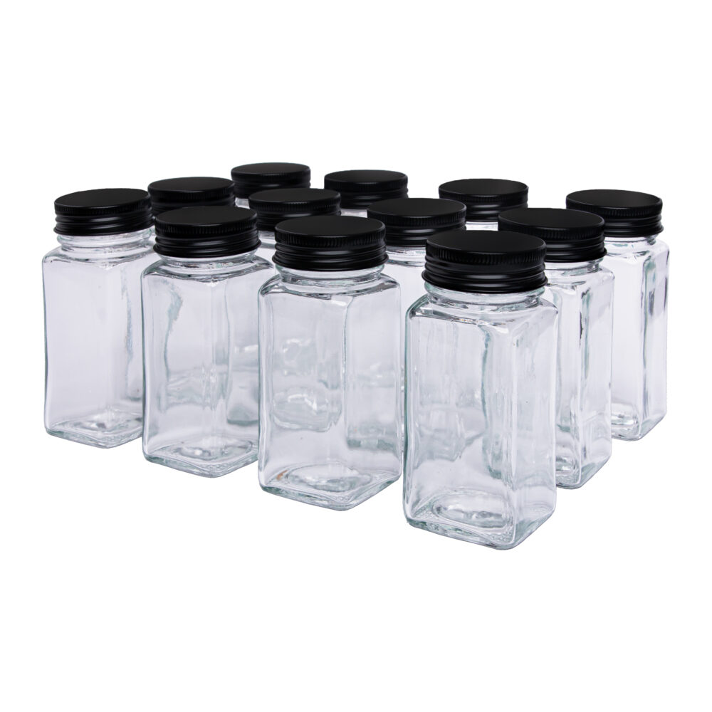 set van 12 kruidenpotjes, Twaalf potjes, Vierkante kruidenpotjes, glazen kruidenpotjes, kruidenpotjes set van 12, kruidenpotjes, potje, vierkante kruidenpotjes, zwarte aluminium deksel,