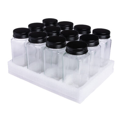 set van 12 kruidenpotjes, Twaalf potjes, Vierkante kruidenpotjes, glazen kruidenpotjes, kruidenpotjes set van 12, kruidenpotjes, potje, vierkante kruidenpotjes, zwarte aluminium deksel,