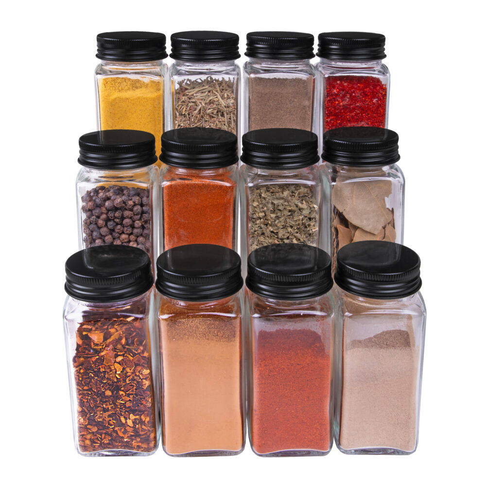 set van 12 kruidenpotjes, Twaalf potjes, Vierkante kruidenpotjes, glazen kruidenpotjes, kruidenpotjes set van 12, kruidenpotjes, potje, vierkante kruidenpotjes, zwarte aluminium deksel,