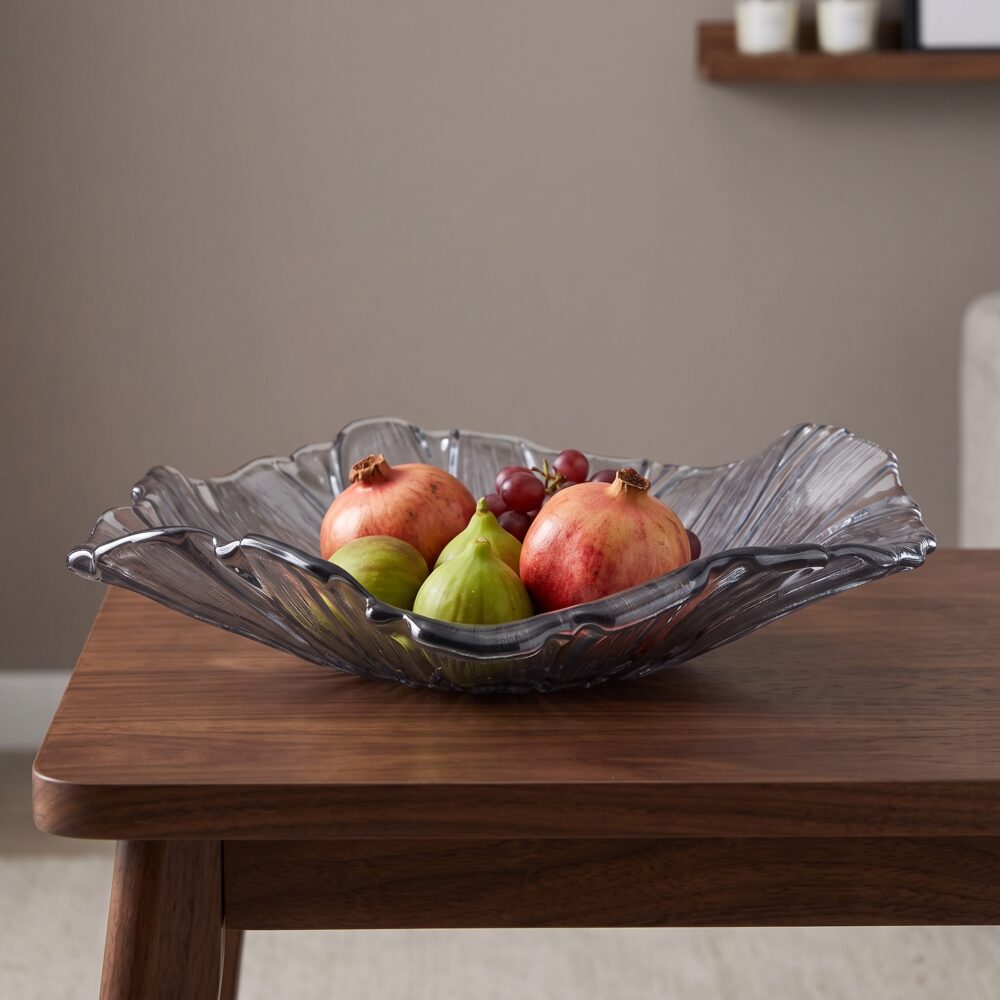QUVIO Fruitschaal bloemvorm – Geplooid glas – Grijs