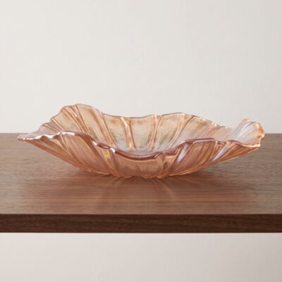amberbruine glazen fruitschaal, fruitschaal, Geplooid glas, glazen fruitschaal, bloemvorm, schaal, decoratieve schaal, bruine fruitschaal,