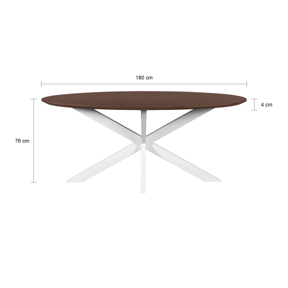 eettafel Sofia, eettafel, ovale eettafel, 180x90 cm, tafel, witte poot, witte kruispoot, Bruine tafel
