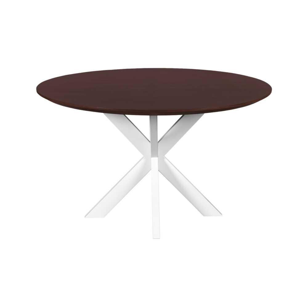 ronde eettafel, ronde tafel, walnoot bruine eettafel, witte X poot, Ronde eettafel 130 cm, eettafel, mangohouten eettafel, eettafel walnoot bruin