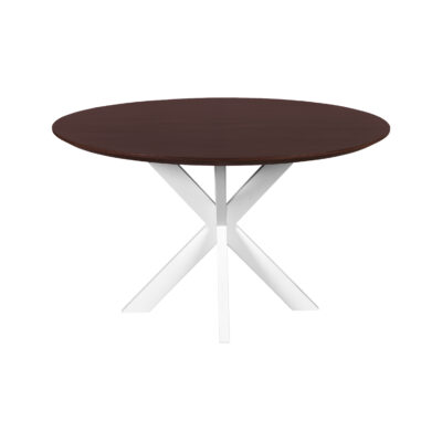 ronde eettafel, ronde tafel, walnoot bruine eettafel, witte X poot, Ronde eettafel 130 cm, eettafel, mangohouten eettafel, eettafel walnoot bruin