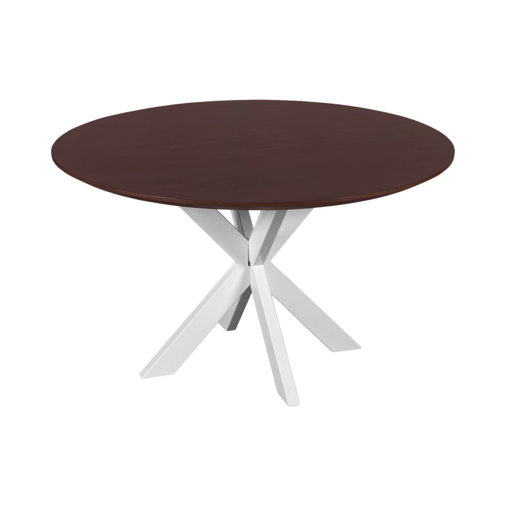 ronde eettafel, ronde tafel, walnoot bruine eettafel, witte X poot, Ronde eettafel 130 cm, eettafel, mangohouten eettafel, eettafel walnoot bruin