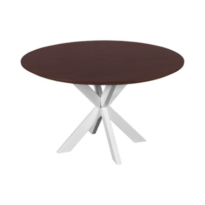 ronde eettafel, ronde tafel, walnoot bruine eettafel, witte X poot, Ronde eettafel 130 cm, eettafel, mangohouten eettafel, eettafel walnoot bruin