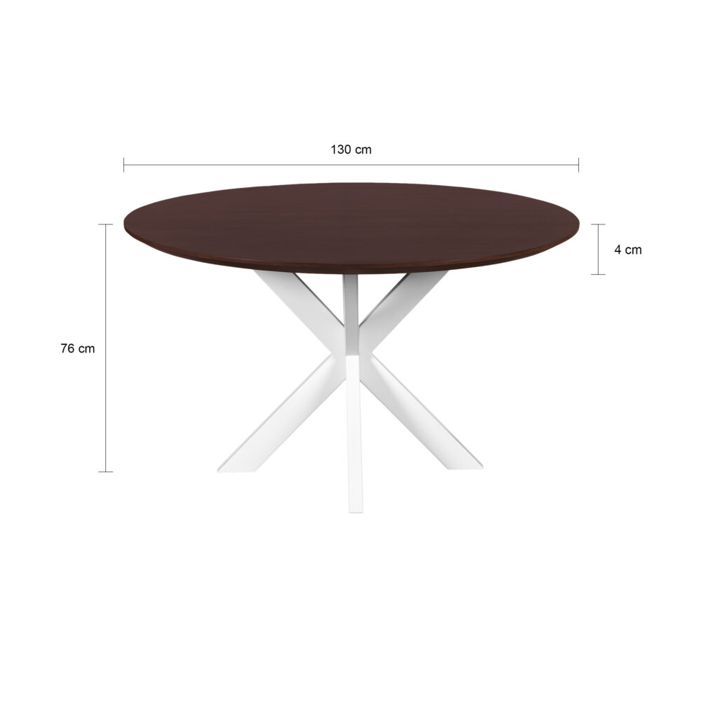 ronde eettafel, ronde tafel, walnoot bruine eettafel, witte X poot, Ronde eettafel 130 cm, eettafel, mangohouten eettafel, eettafel walnoot bruin