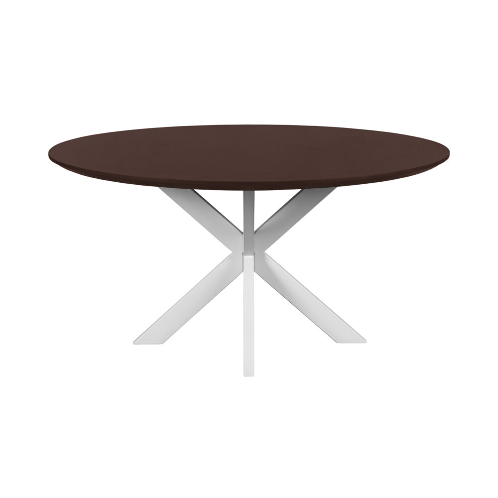 Sofia van 150 cm, tafel, Witte kruispoot, walnoot bruine Sofia, eettafel rond 150 cm, ronde eettafel van 150 cm, mangohouten eettafel, eettafel met kruispoot,