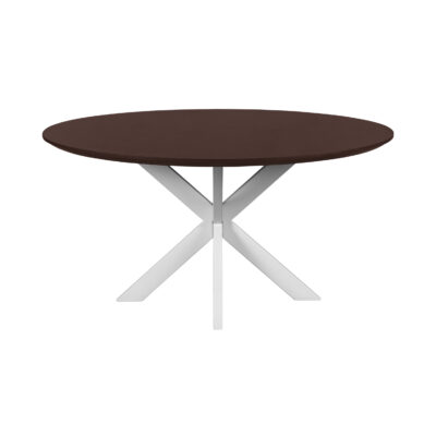 Sofia van 150 cm, tafel, Witte kruispoot, walnoot bruine Sofia, eettafel rond 150 cm, ronde eettafel van 150 cm, mangohouten eettafel, eettafel met kruispoot,