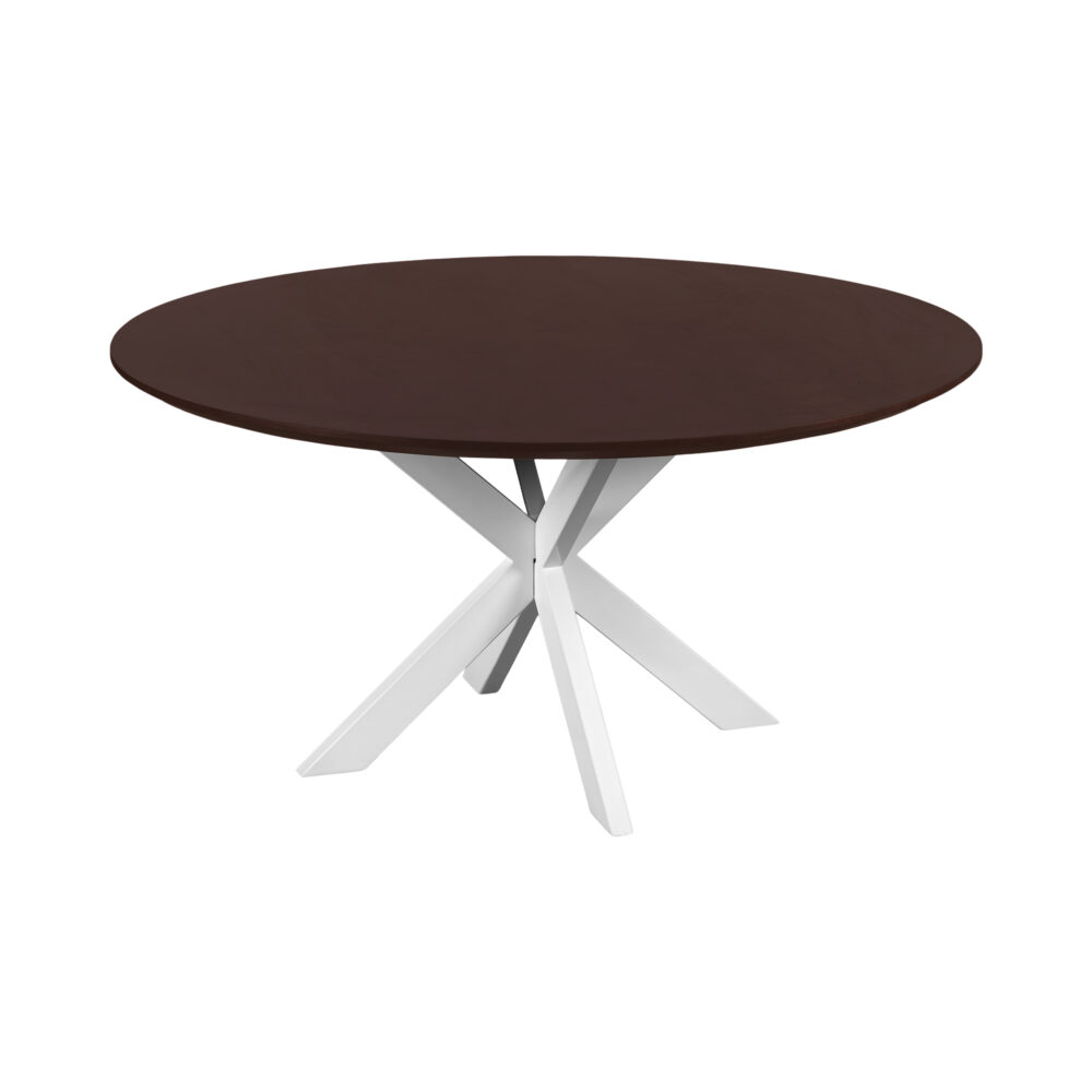 Sofia van 150 cm, tafel, Witte kruispoot, walnoot bruine Sofia, eettafel rond 150 cm, ronde eettafel van 150 cm, mangohouten eettafel, eettafel met kruispoot,