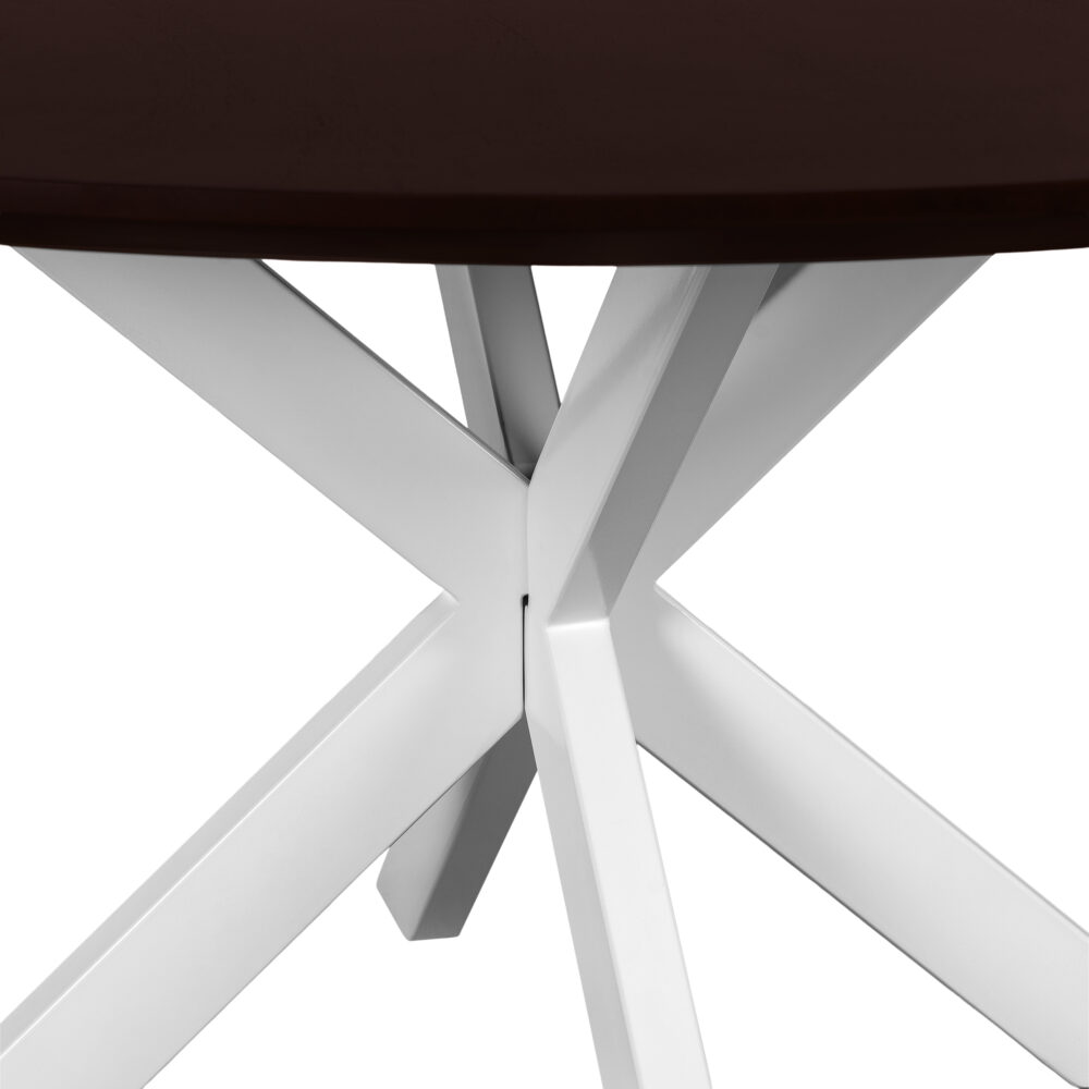 Sofia van 150 cm, tafel, Witte kruispoot, walnoot bruine Sofia, eettafel rond 150 cm, ronde eettafel van 150 cm, mangohouten eettafel, eettafel met kruispoot,