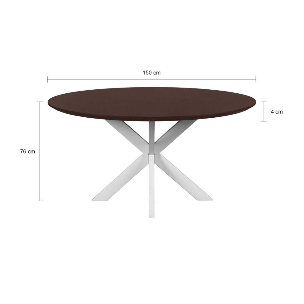 Sofia van 150 cm, tafel, Witte kruispoot, walnoot bruine Sofia, eettafel rond 150 cm, ronde eettafel van 150 cm, mangohouten eettafel, eettafel met kruispoot,