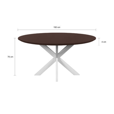 Sofia van 150 cm, tafel, Witte kruispoot, walnoot bruine Sofia, eettafel rond 150 cm, ronde eettafel van 150 cm, mangohouten eettafel, eettafel met kruispoot,