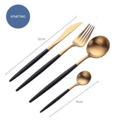 Goud met zwarte lepels, vorken en messen